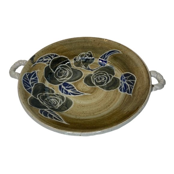 Hand Thrown Stoneware Pottery Glazed Bowl Signed by Artist Floral 11"W Handmade - Picture 3 of 13